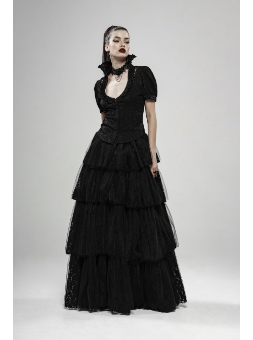 Stand-Up Collar Front Chest Frill Bubble Sleeve Shoulder Hollow-Out Strap Back Waist Lace-Up Black Gothic Light Jacquard Blouse