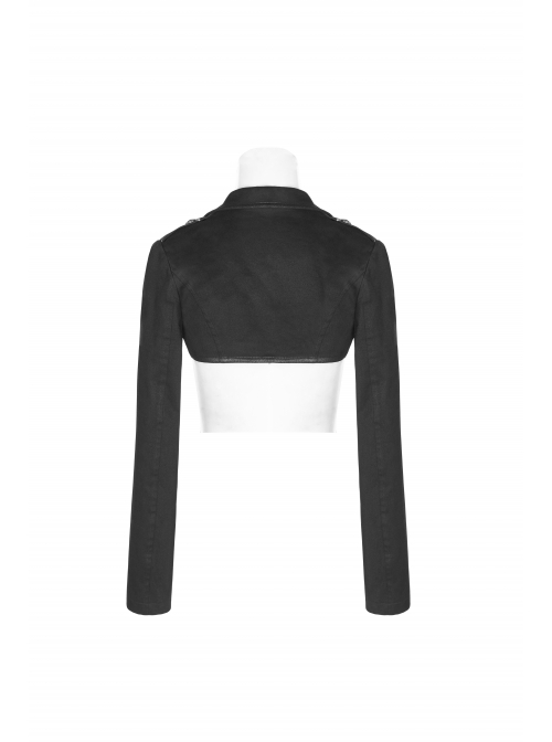 Shoulder Metal Retro Button Weave Strap Long Sleeve Black Punk Knit Short Coat