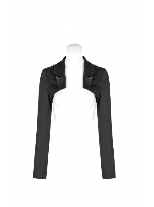 Shoulder Metal Retro Button Weave Strap Long Sleeve Black Punk Knit Short Coat