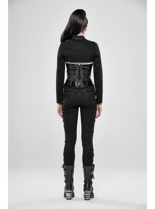 Shoulder Metal Retro Button Weave Strap Long Sleeve Black Punk Knit Short Coat
