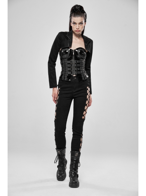 Shoulder Metal Retro Button Weave Strap Long Sleeve Black Punk Knit Short Coat