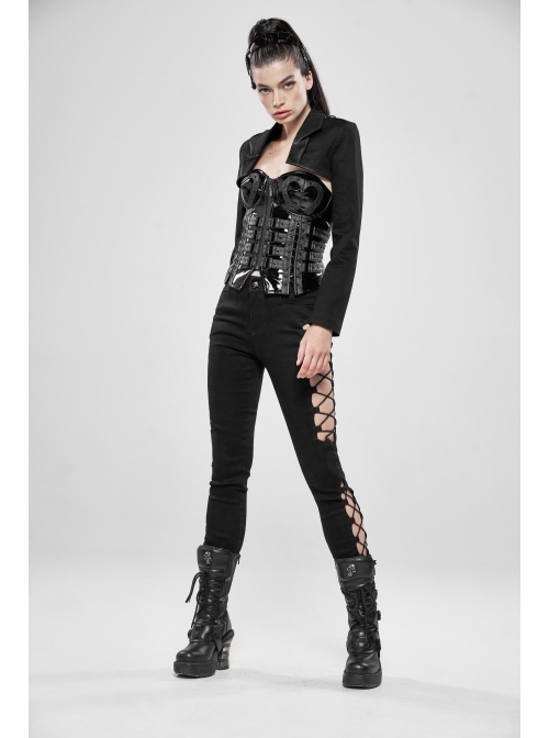 Shoulder Metal Retro Button Weave Strap Long Sleeve Black Punk Knit Short Coat