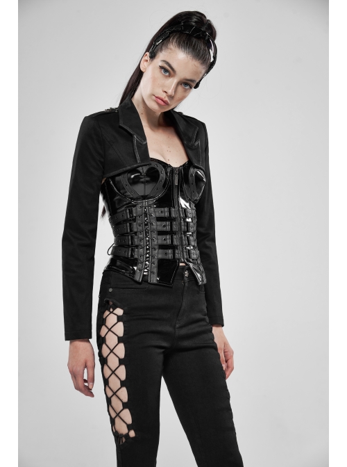 Shoulder Metal Retro Button Weave Strap Long Sleeve Black Punk Knit Short Coat