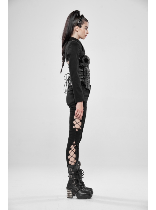 Shoulder Metal Retro Button Weave Strap Long Sleeve Black Punk Knit Short Coat