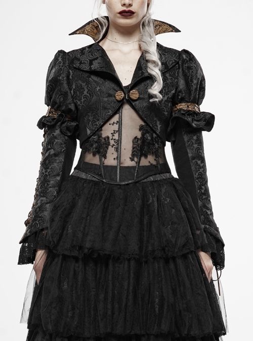 Front Retro Button Slit Lace-Up Long Sleeve Lace Cuff Black Punk Three-Dimensional Jacquard Short Coat
