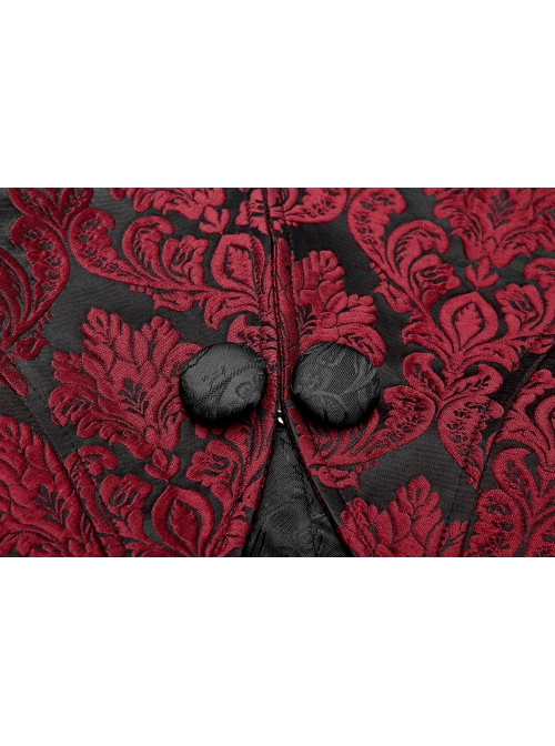Front Retro Button Slit Lace-Up Long Sleeve Lace Cuff Red Punk Three-Dimensional Jacquard Short Coat