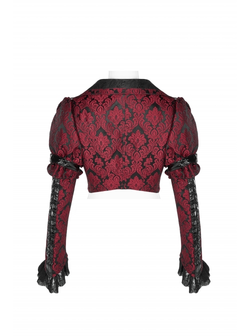 Front Retro Button Slit Lace-Up Long Sleeve Lace Cuff Red Punk Three-Dimensional Jacquard Short Coat