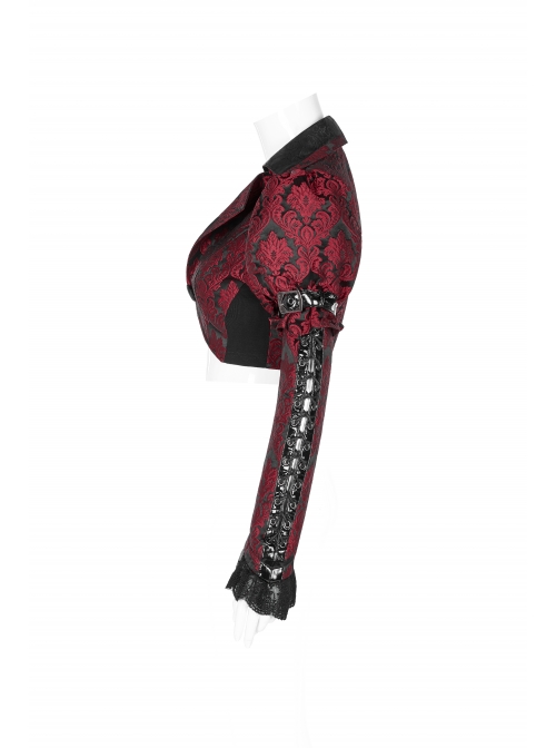 Front Retro Button Slit Lace-Up Long Sleeve Lace Cuff Red Punk Three-Dimensional Jacquard Short Coat