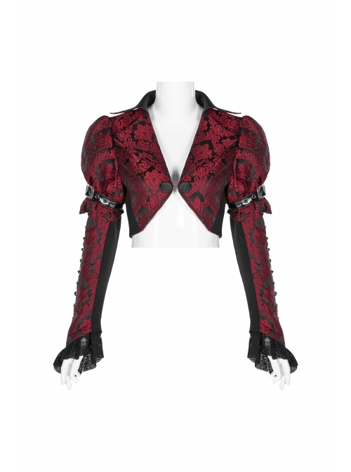 Front Retro Button Slit Lace-Up Long Sleeve Lace Cuff Red Punk Three-Dimensional Jacquard Short Coat