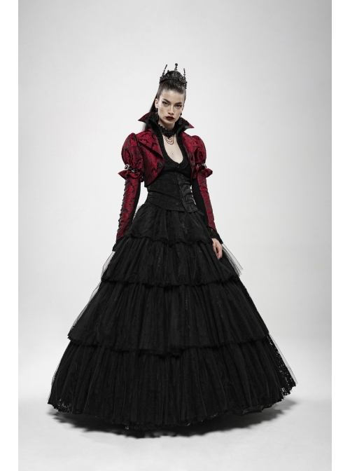 Front Retro Button Slit Lace-Up Long Sleeve Lace Cuff Red Punk Three-Dimensional Jacquard Short Coat