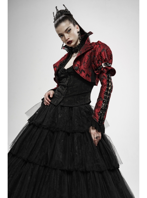 Front Retro Button Slit Lace-Up Long Sleeve Lace Cuff Red Punk Three-Dimensional Jacquard Short Coat