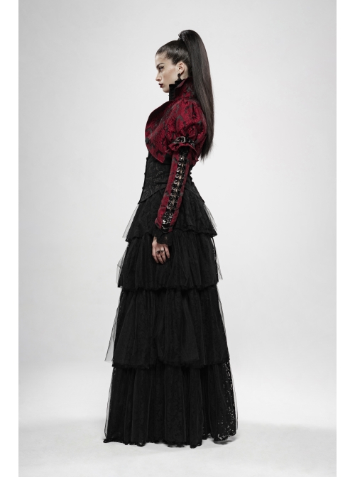 Front Retro Button Slit Lace-Up Long Sleeve Lace Cuff Red Punk Three-Dimensional Jacquard Short Coat