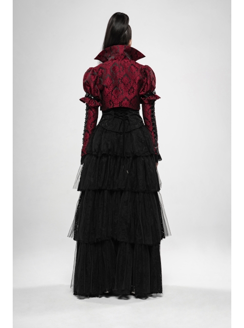 Front Retro Button Slit Lace-Up Long Sleeve Lace Cuff Red Punk Three-Dimensional Jacquard Short Coat