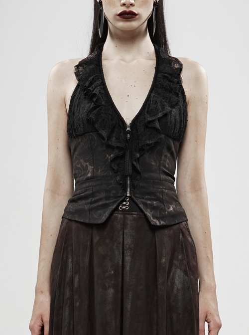 Front Chest Lace Frill Metal Zipper Back Waist Lace-Up Black Gothic Hanging Neck Vest