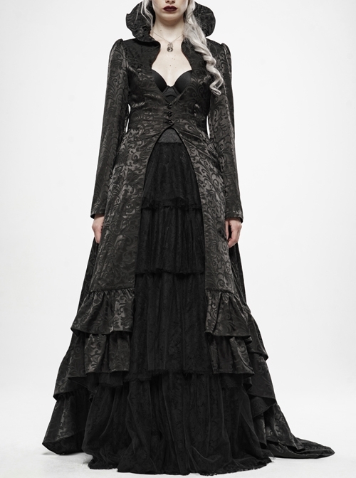 Stand-Up Collar Front Chest Hollow-Out Retro Button Back Stereo Lace Applique Black Gothic Jacquard Long Coat