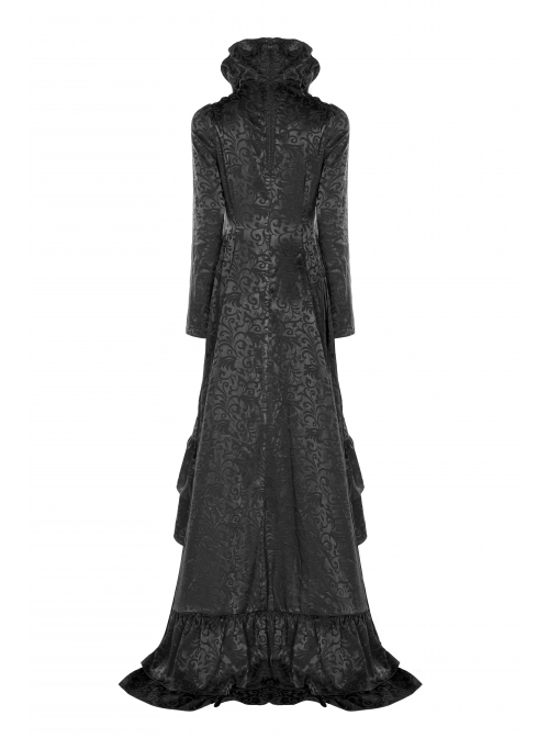 Stand-Up Collar Front Chest Hollow-Out Retro Button Back Stereo Lace Applique Black Gothic Jacquard Long Coat