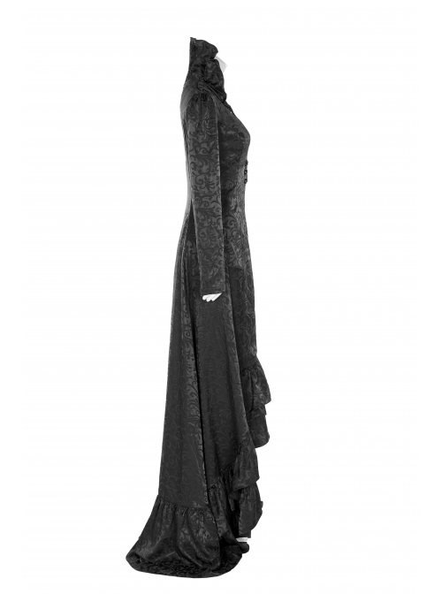 Stand-Up Collar Front Chest Hollow-Out Retro Button Back Stereo Lace Applique Black Gothic Jacquard Long Coat