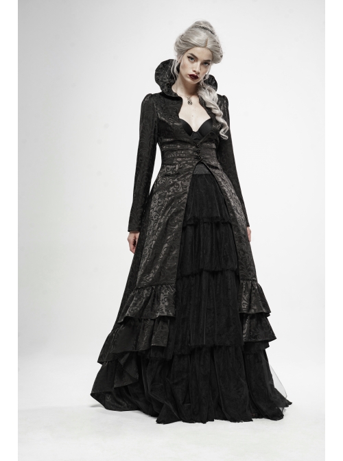 Stand-Up Collar Front Chest Hollow-Out Retro Button Back Stereo Lace Applique Black Gothic Jacquard Long Coat
