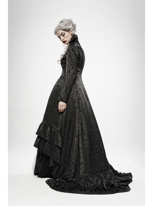 Stand-Up Collar Front Chest Hollow-Out Retro Button Back Stereo Lace Applique Black Gothic Jacquard Long Coat