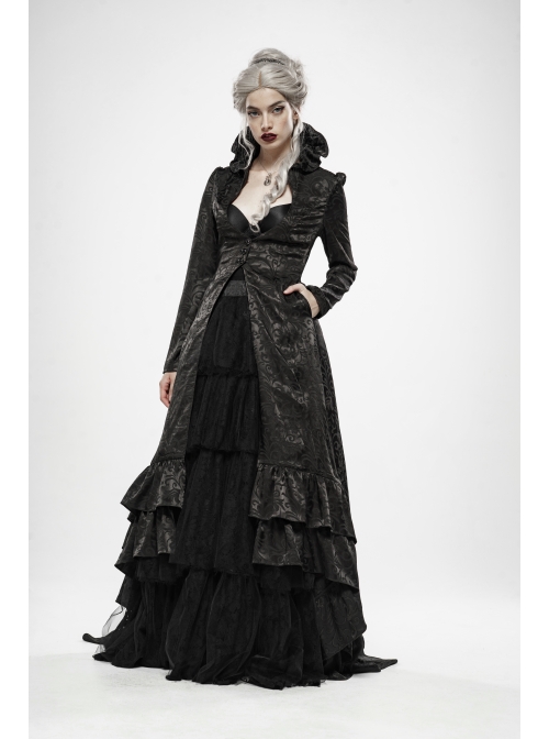 Stand-Up Collar Front Chest Hollow-Out Retro Button Back Stereo Lace Applique Black Gothic Jacquard Long Coat