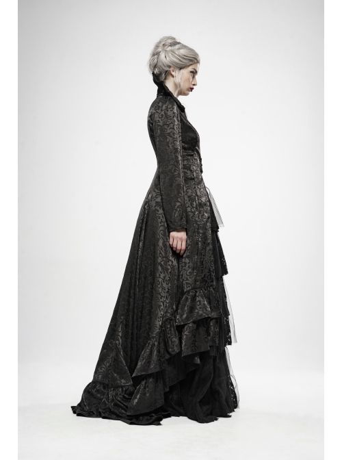 Stand-Up Collar Front Chest Hollow-Out Retro Button Back Stereo Lace Applique Black Gothic Jacquard Long Coat