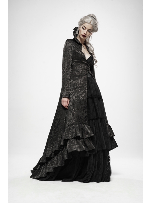 Stand-Up Collar Front Chest Hollow-Out Retro Button Back Stereo Lace Applique Black Gothic Jacquard Long Coat