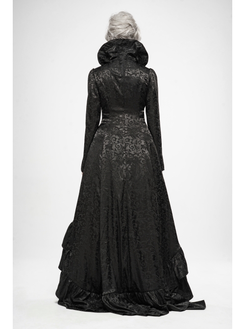 Stand-Up Collar Front Chest Hollow-Out Retro Button Back Stereo Lace Applique Black Gothic Jacquard Long Coat