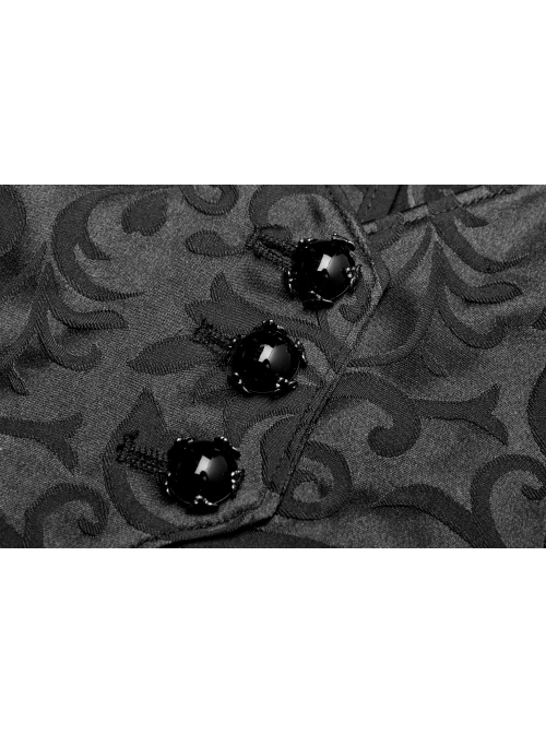 Stand-Up Collar Front Chest Hollow-Out Retro Button Back Stereo Lace Applique Black Gothic Jacquard Long Coat
