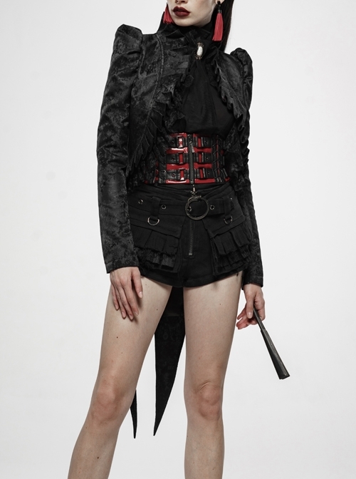 Stand-Up Collar Front Chest Frill Back Waist Lace-Up Swallowtail Hem Black Gothic Irregular Flocking Jacquard Coat