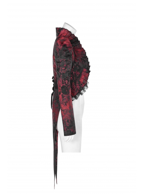 Stand-Up Collar Front Chest Frill Back Waist Lace-Up Swallowtail Hem Red Gothic Irregular Flocking Jacquard Coat