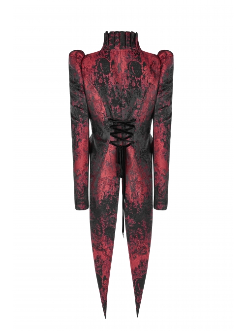 Stand-Up Collar Front Chest Frill Back Waist Lace-Up Swallowtail Hem Red Gothic Irregular Flocking Jacquard Coat