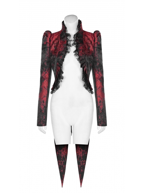 Stand-Up Collar Front Chest Frill Back Waist Lace-Up Swallowtail Hem Red Gothic Irregular Flocking Jacquard Coat