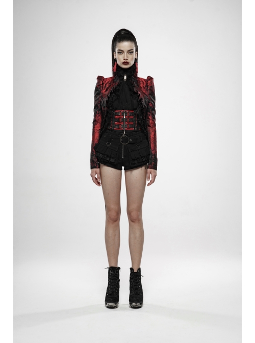 Stand-Up Collar Front Chest Frill Back Waist Lace-Up Swallowtail Hem Red Gothic Irregular Flocking Jacquard Coat