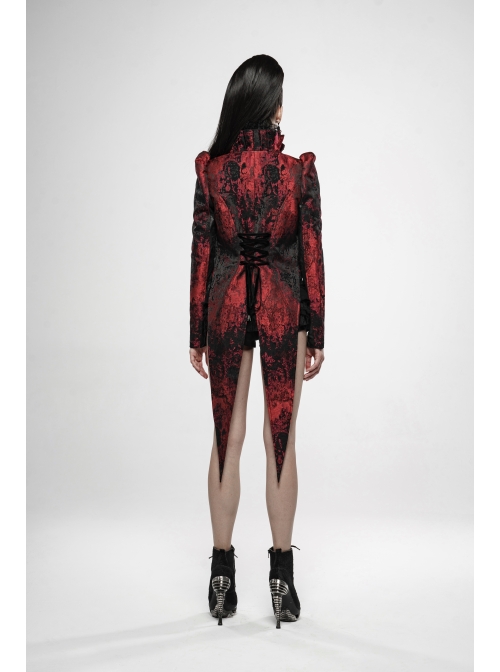 Stand-Up Collar Front Chest Frill Back Waist Lace-Up Swallowtail Hem Red Gothic Irregular Flocking Jacquard Coat