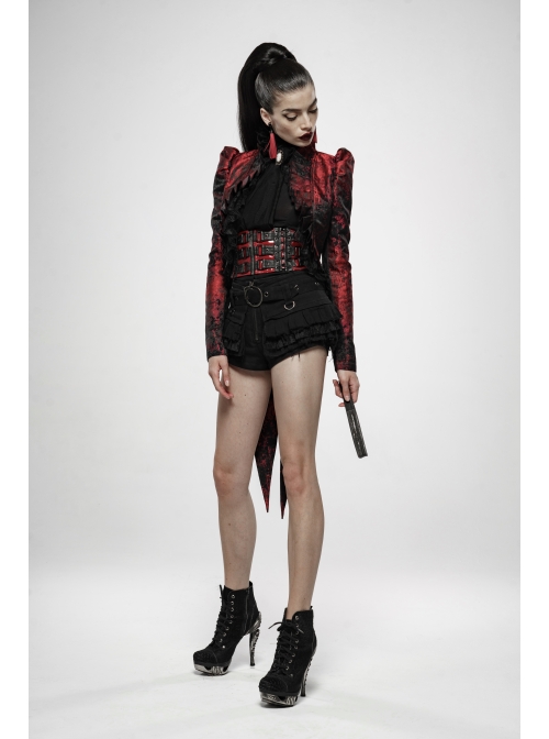 Stand-Up Collar Front Chest Frill Back Waist Lace-Up Swallowtail Hem Red Gothic Irregular Flocking Jacquard Coat