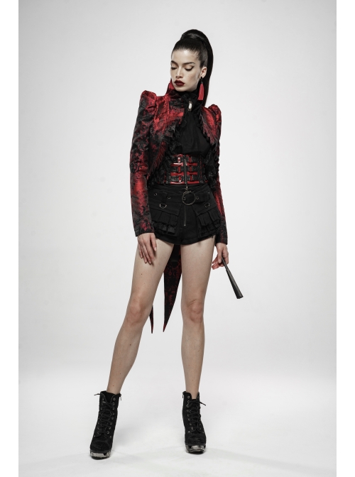 Stand-Up Collar Front Chest Frill Back Waist Lace-Up Swallowtail Hem Red Gothic Irregular Flocking Jacquard Coat