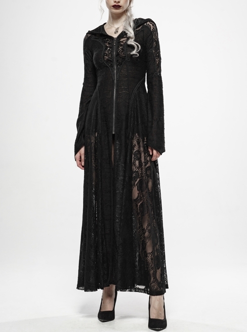 Front Chest Lace-Up Metal Zipper Flare Sleeve Black Gothic Knit Splice Lace Mesh Hooded Long Coat