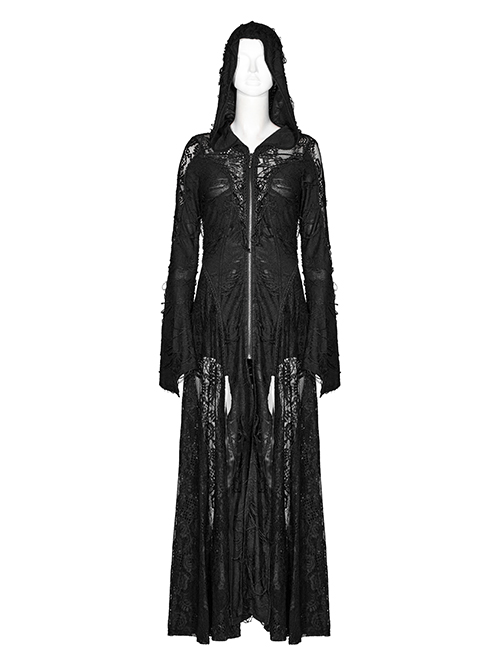 Front Chest Lace-Up Metal Zipper Flare Sleeve Black Gothic Knit Splice Lace Mesh Hooded Long Coat