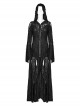 Front Chest Lace-Up Metal Zipper Flare Sleeve Black Gothic Knit Splice Lace Mesh Hooded Long Coat
