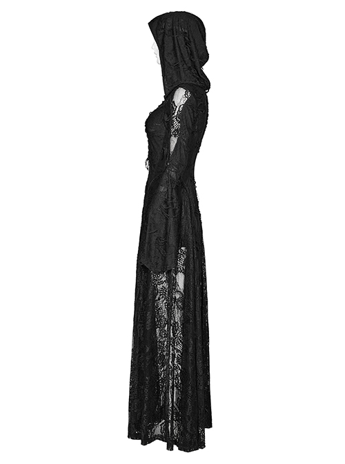 Front Chest Lace-Up Metal Zipper Flare Sleeve Black Gothic Knit Splice Lace Mesh Hooded Long Coat