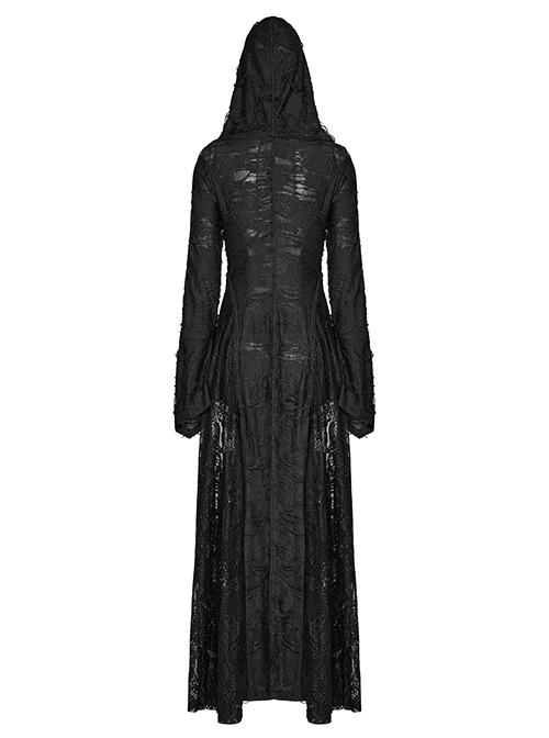 Front Chest Lace-Up Metal Zipper Flare Sleeve Black Gothic Knit Splice Lace Mesh Hooded Long Coat