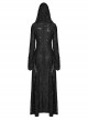 Front Chest Lace-Up Metal Zipper Flare Sleeve Black Gothic Knit Splice Lace Mesh Hooded Long Coat