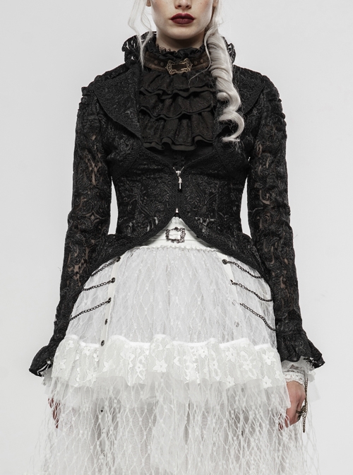 Lotus-Leaf-Side Collar Front Metal Zipper Long Sleeve Back Hollow-Out Lace-Up Black Gothic Lace Coat