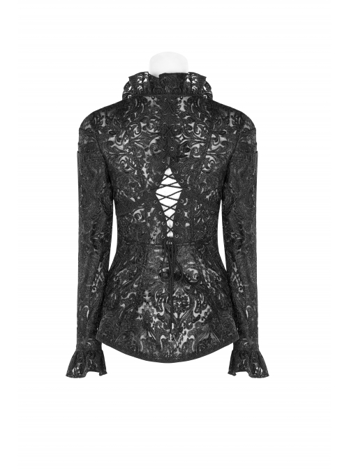 Lotus-Leaf-Side Collar Front Metal Zipper Long Sleeve Back Hollow-Out Lace-Up Black Gothic Lace Coat