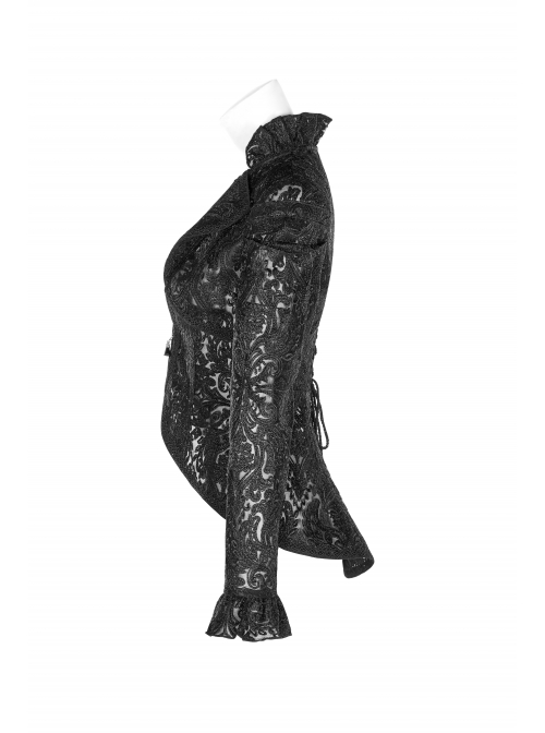Lotus-Leaf-Side Collar Front Metal Zipper Long Sleeve Back Hollow-Out Lace-Up Black Gothic Lace Coat