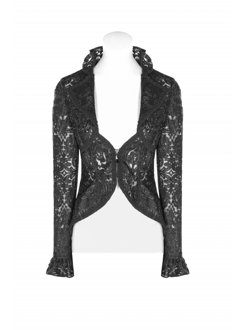 Lotus-Leaf-Side Collar Front Metal Zipper Long Sleeve Back Hollow-Out Lace-Up Black Gothic Lace Coat