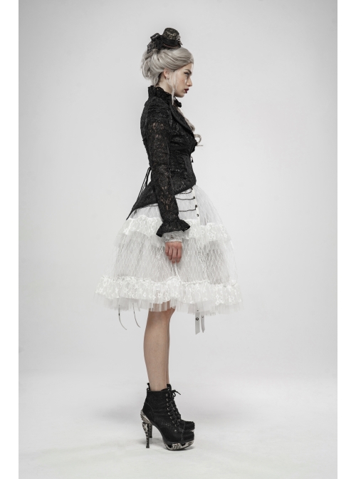 Lotus-Leaf-Side Collar Front Metal Zipper Long Sleeve Back Hollow-Out Lace-Up Black Gothic Lace Coat