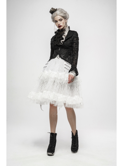 Lotus-Leaf-Side Collar Front Metal Zipper Long Sleeve Back Hollow-Out Lace-Up Black Gothic Lace Coat