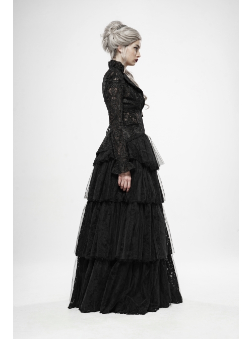 Lotus-Leaf-Side Collar Front Metal Zipper Long Sleeve Back Hollow-Out Lace-Up Black Gothic Lace Coat