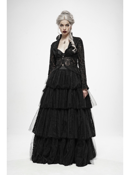 Lotus-Leaf-Side Collar Front Metal Zipper Long Sleeve Back Hollow-Out Lace-Up Black Gothic Lace Coat